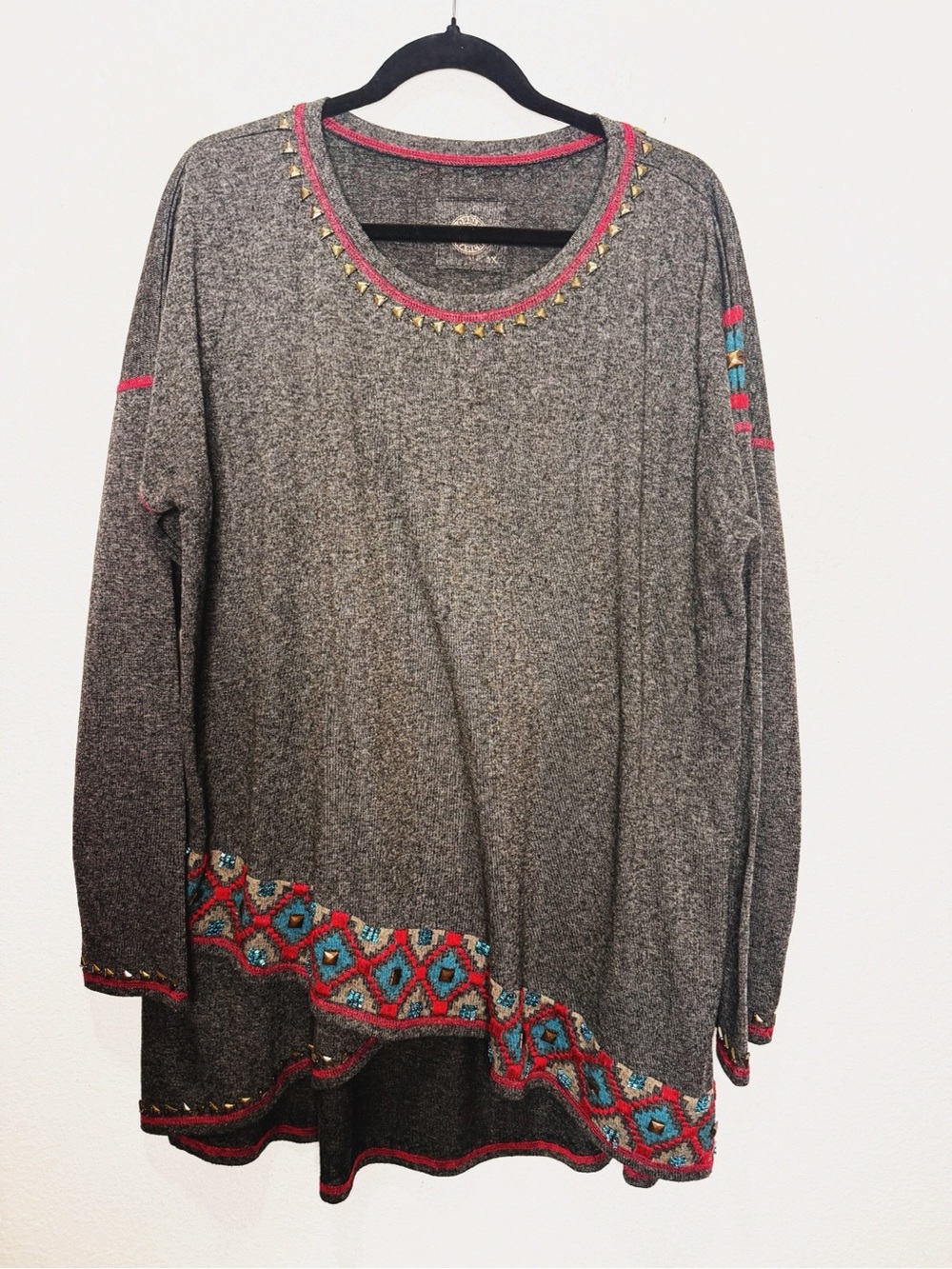 Double D Ranch Asymmetrical Hem Studded Embroidered Tunic Top